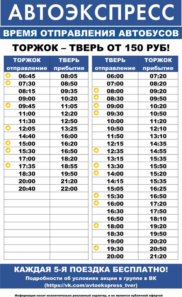 Расписание автобусов Автоэкспресс Торжок → Тверь
