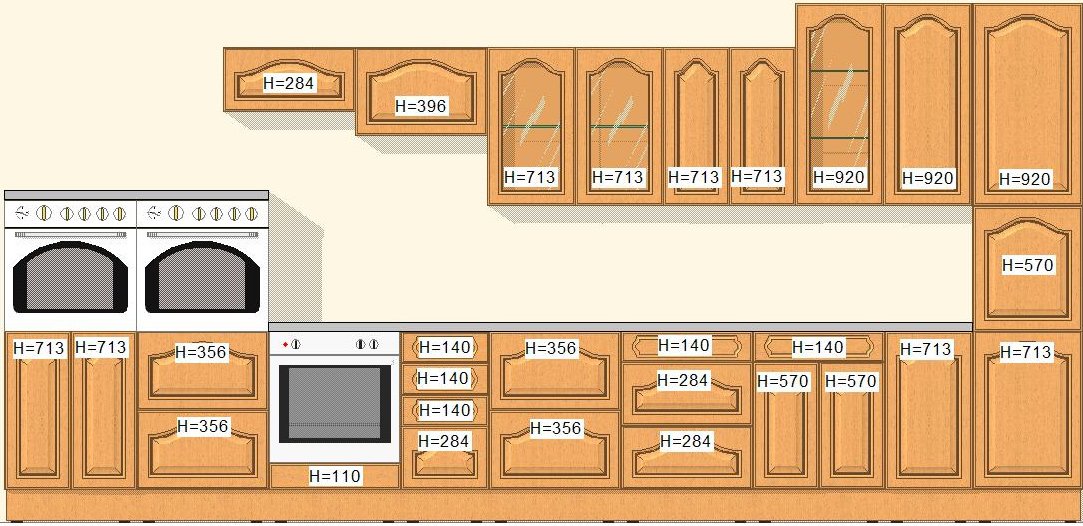 Простая размерная сетка фасадов гарнитуров для кухни